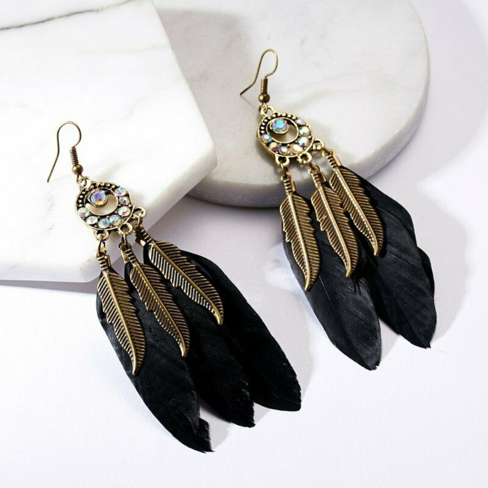 Black Feather and Rhinestone Fashion Earrings